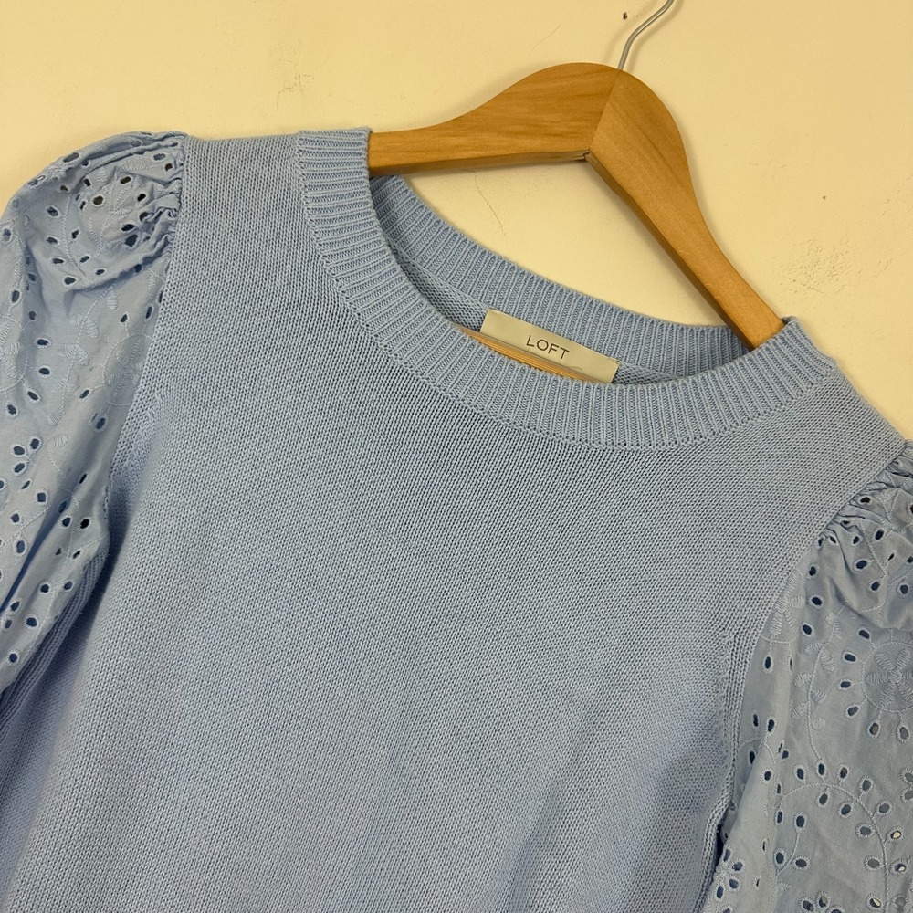 Loft Sweater Blue Flower Eyelet Cut Out Long Sleeve Ribbed Knit Puff Sleeve XS